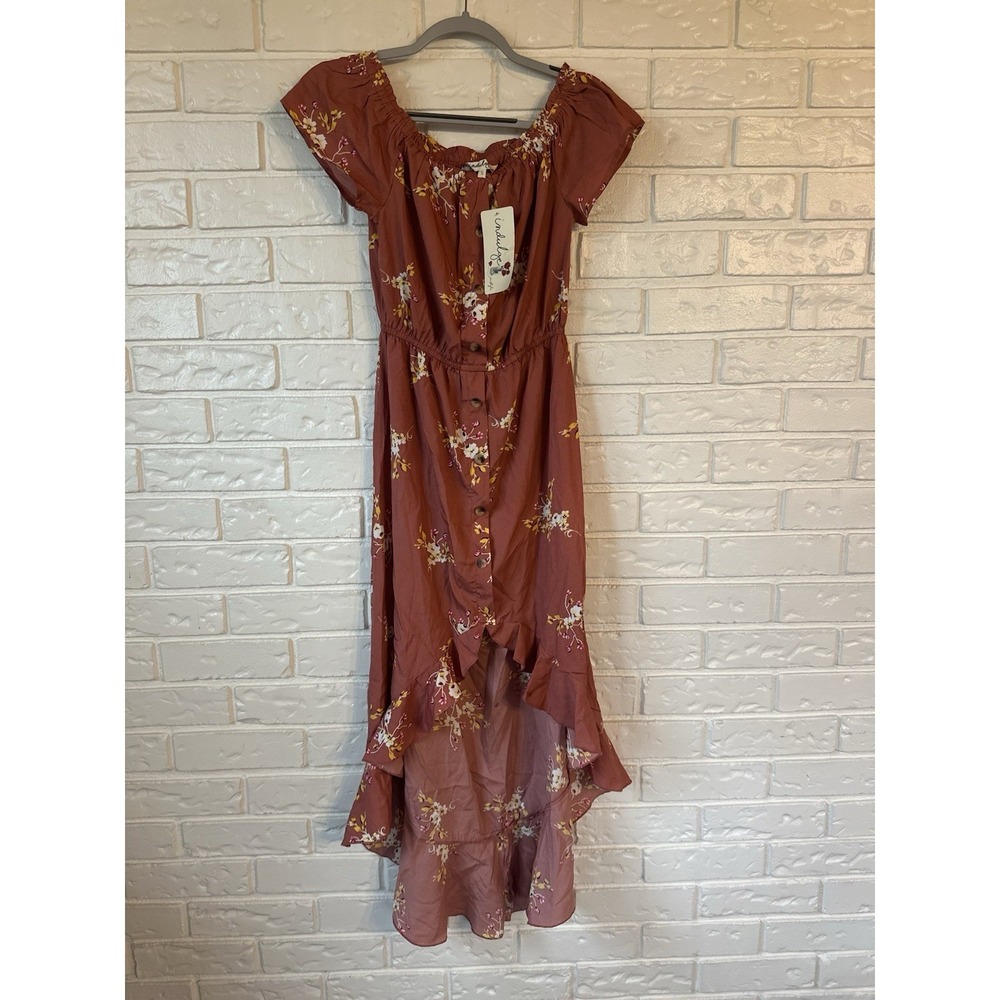 Indulge Style Rust Boho Dress | S | Cottagecore Floral Ruffle Midi NWT
